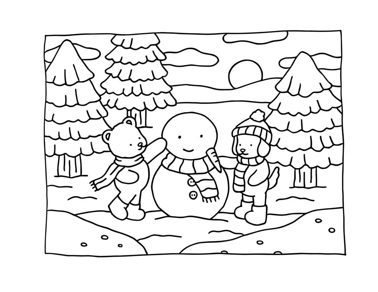 Página para colorear de Bienes Bobbie con el oso y el cachorro jugando con el muñeco de nieve