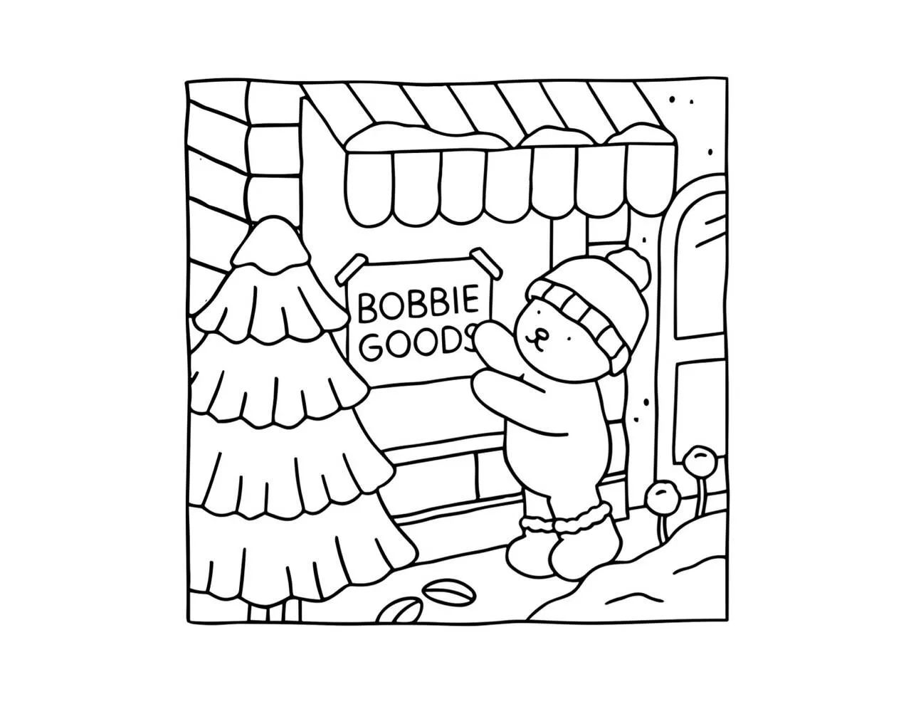 Desenho de Bobbie Goods na Loja com Árvore de Natal para Colorir