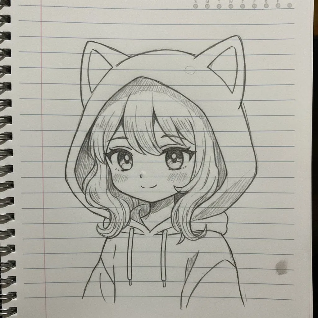 Desenho de Anime para Desenhar de Garota Fofa com Capuz de Gato