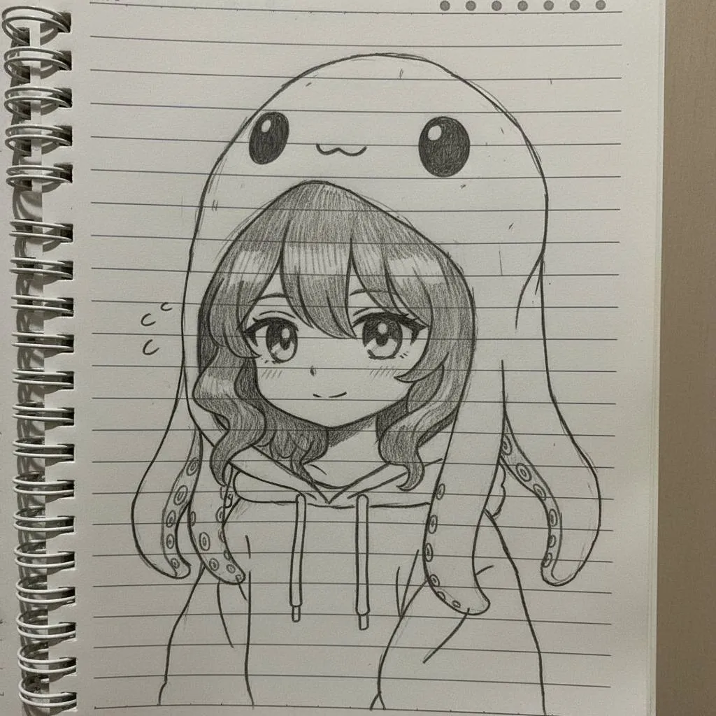 Rysunek anime przedstawiający dziewczynę z kapturem ośmiornicy