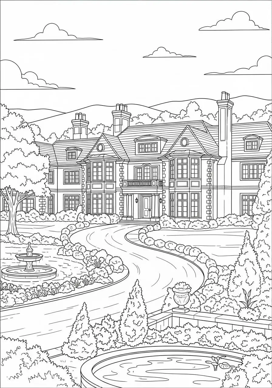 Dibujo para colorear de Hogar elegante con jardín y fuente