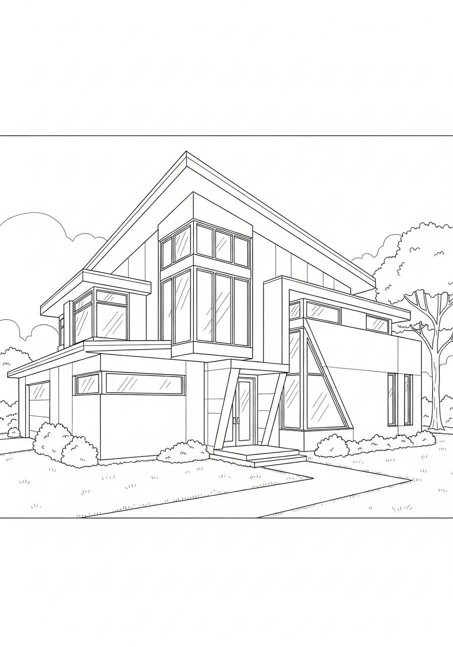 Dibujo para colorear de una casa moderna con grandes ventanales