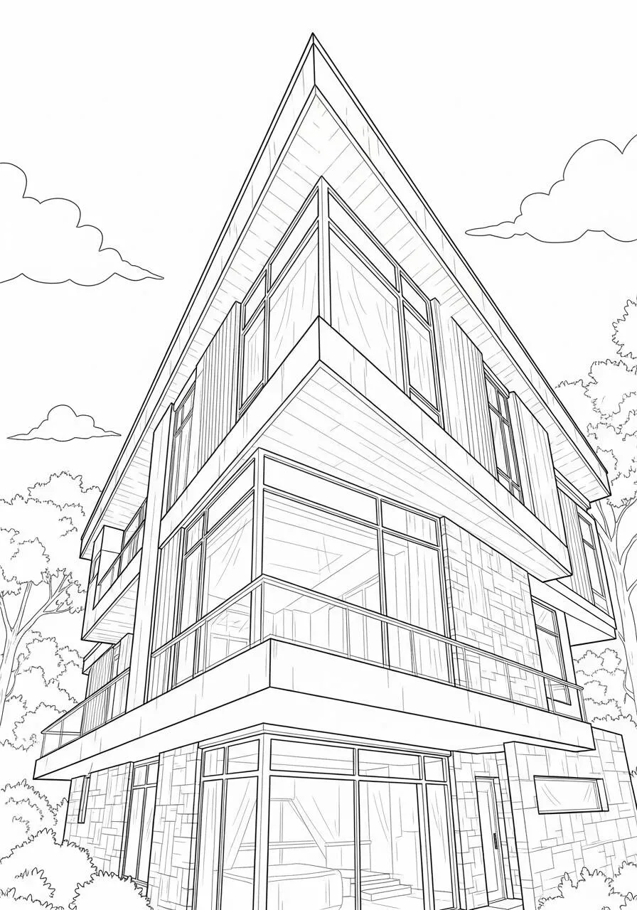 Dibujo para colorear de una casa moderna con grandes ventanales