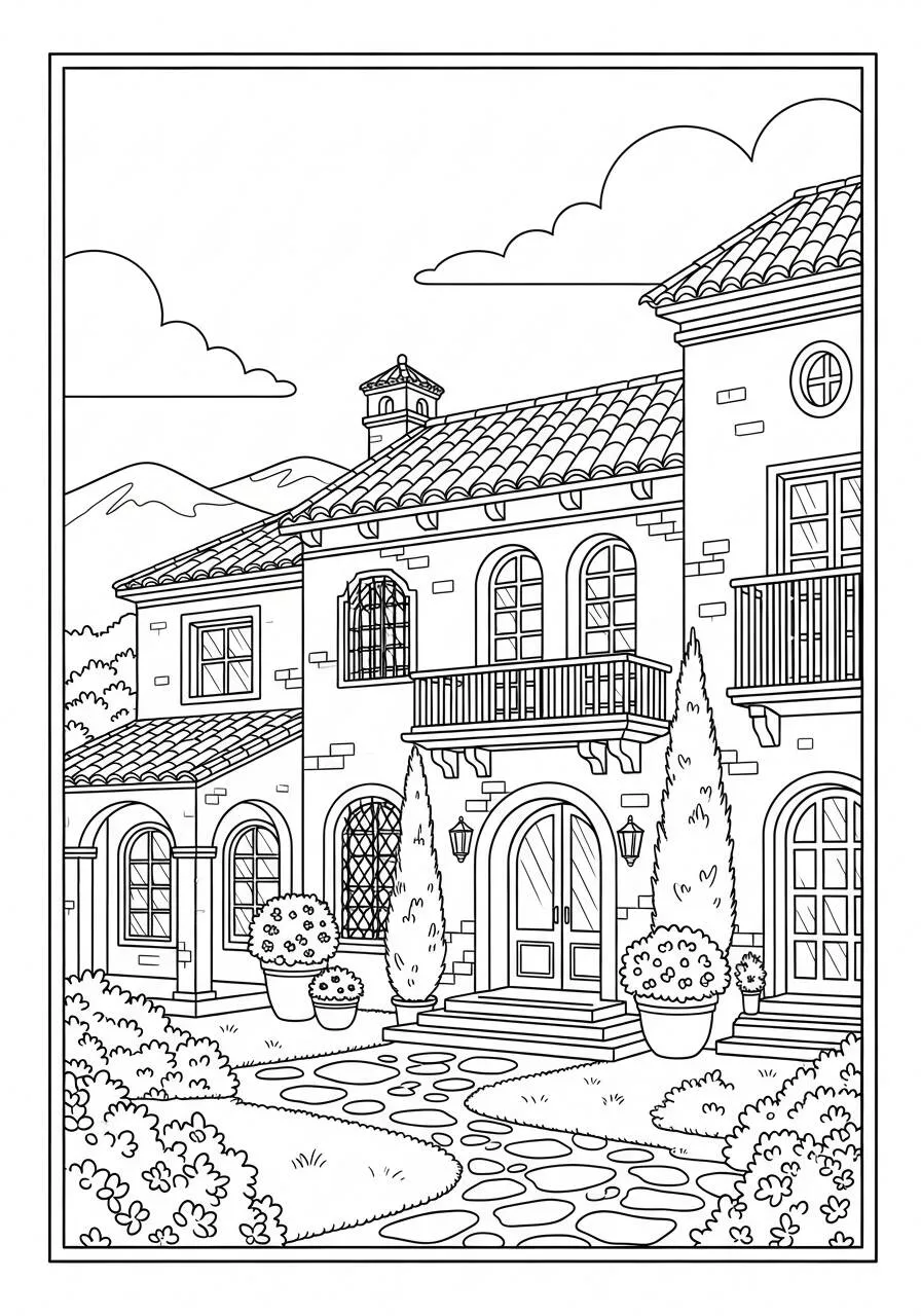 Dibujo para colorear de una casa elegante con jardín y montañas