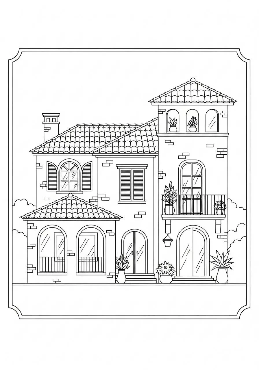 Dibujo para colorear de Hogar elegante con balcón y jardines