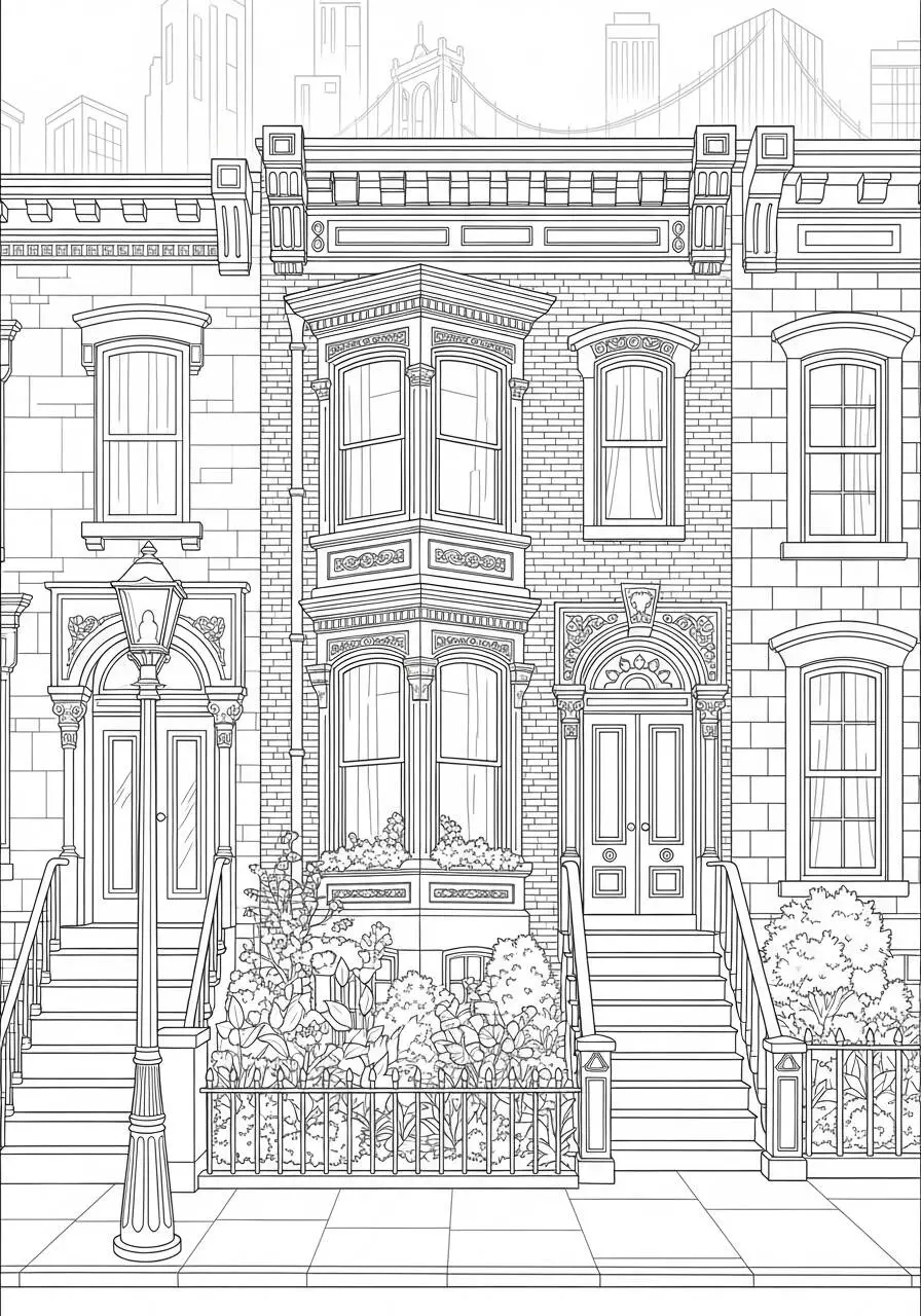 Dibujo para colorear de casa estilizada con jardines y lámpara