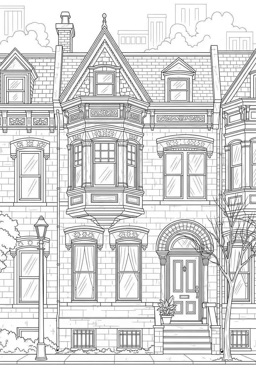 Dibujo para colorear de casa victoriana con porche