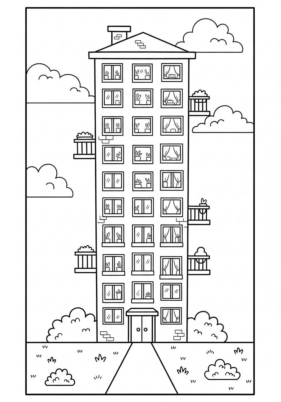 Dibujo de construcción con ventanas y balcones para colorear.