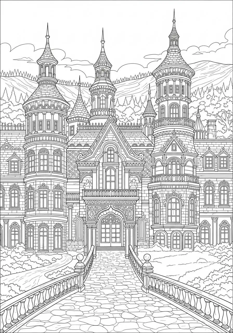 Dibujo para colorear de una casa de cuento de hadas con torres