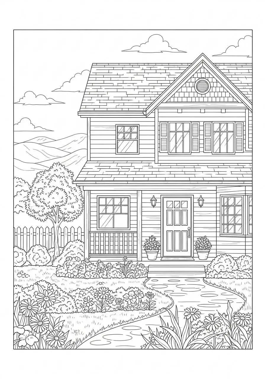 Dibujo para colorear de casa con jardín y sendero