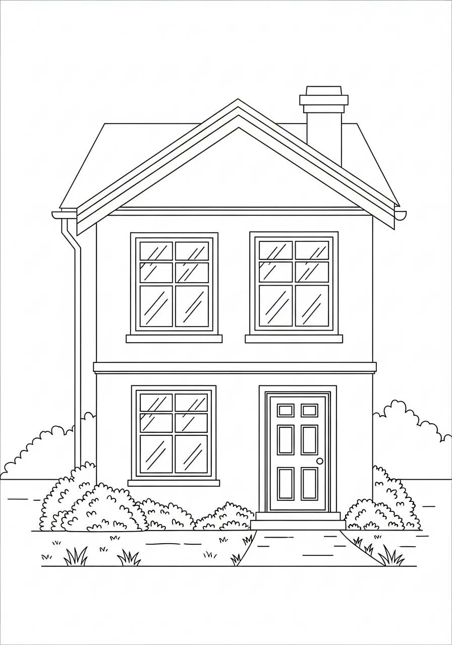Dibujo para colorear de casa con ventanas y jardín