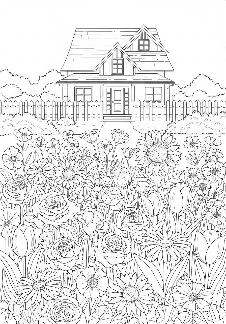 Dibujo para colorear de casa con jardín de flores