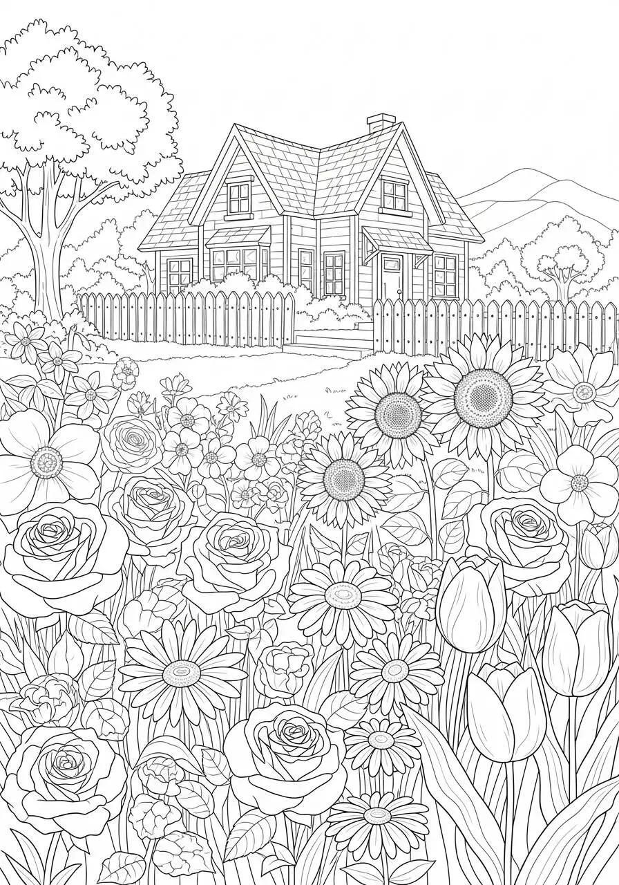 Dibujo para colorear de Hogar con jardín de flores y valla blanca