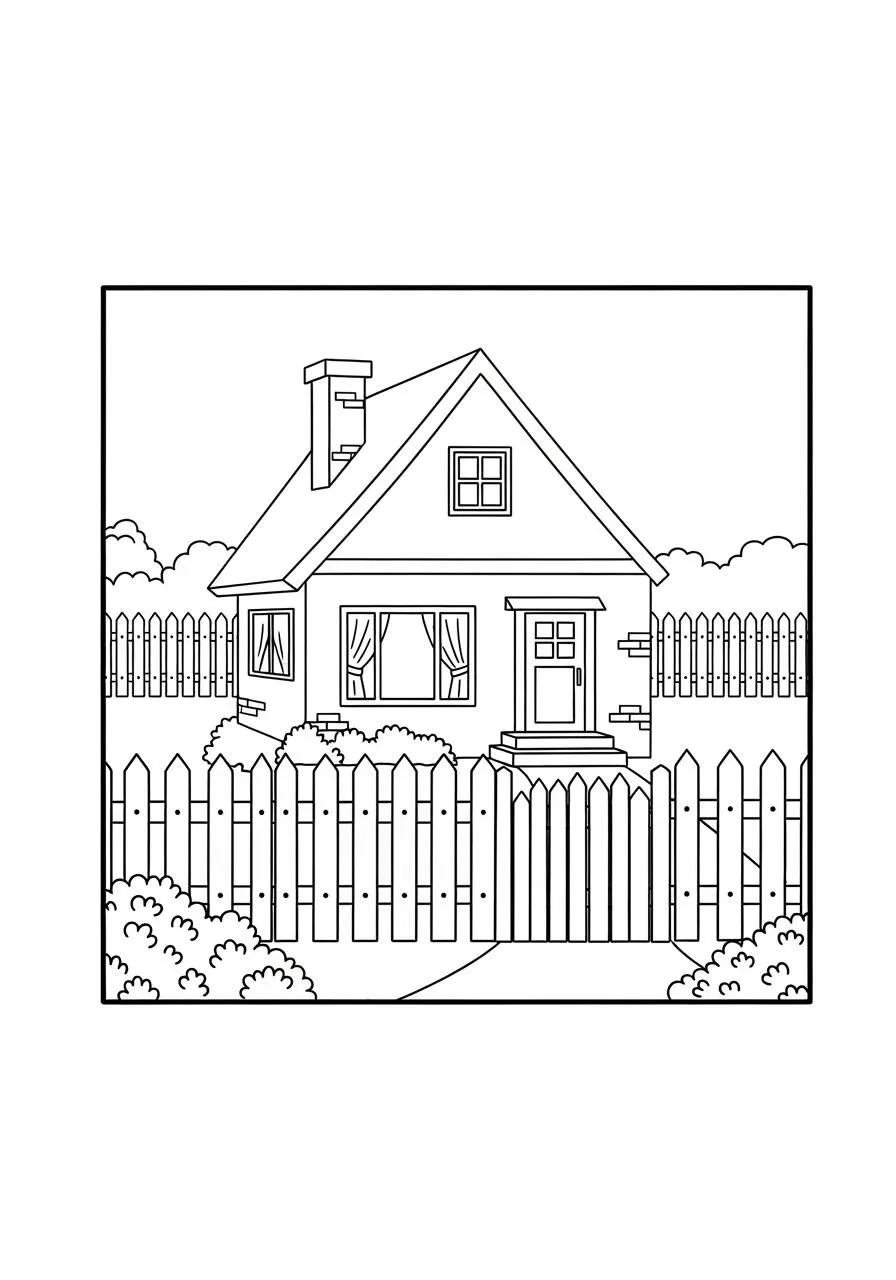 Dibujo para colorear de casa con valla blanca y jardín