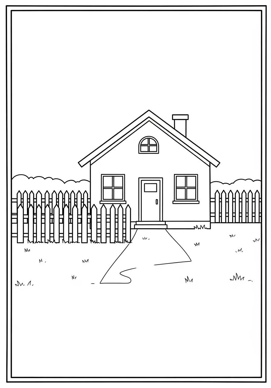 Dibujo para colorear de casa con valla blanca y jardín