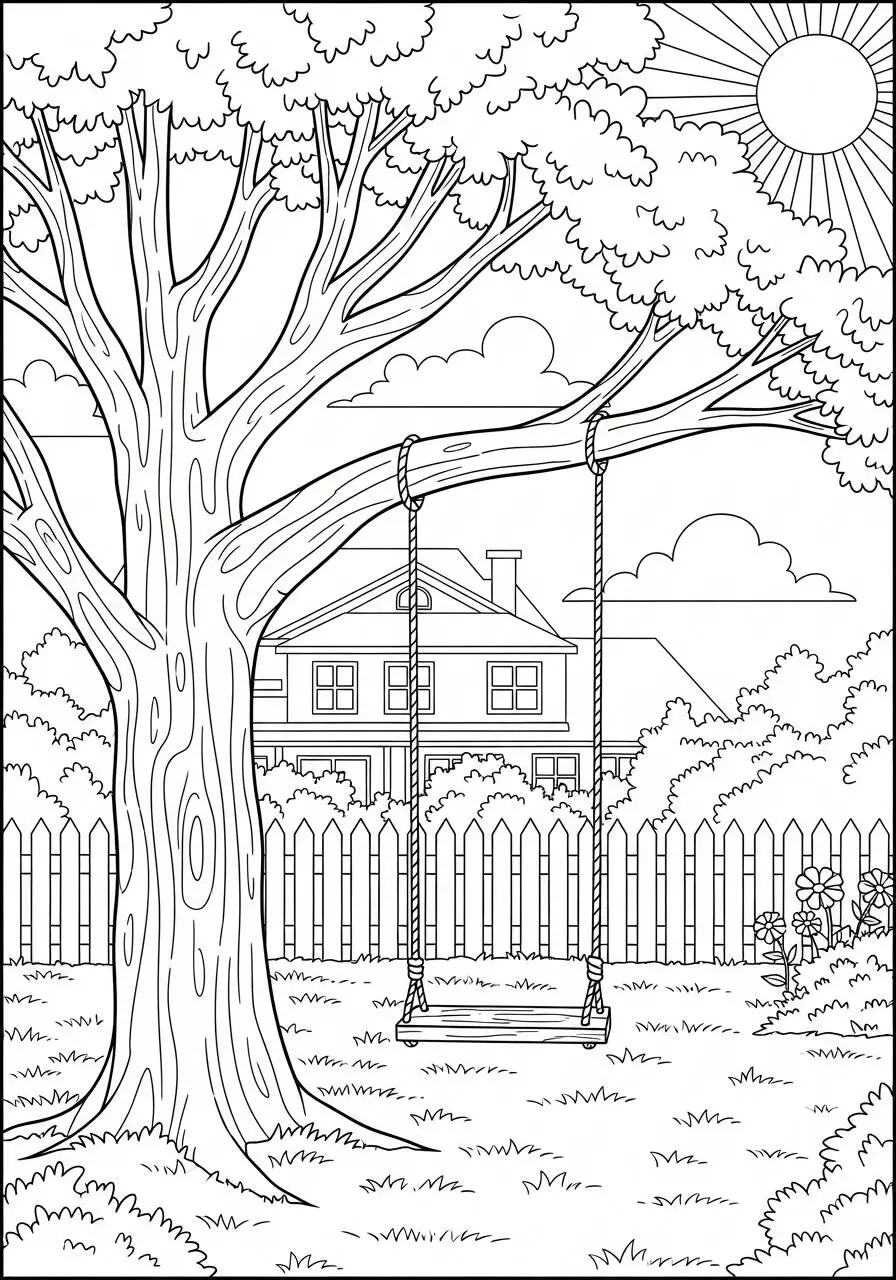 Dibujo para colorear de casa con árbol y columpio