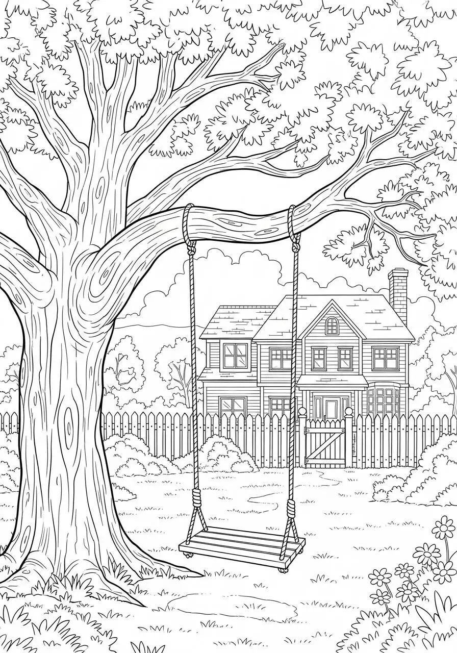 Dibujo para colorear de casa con árbol y columpio