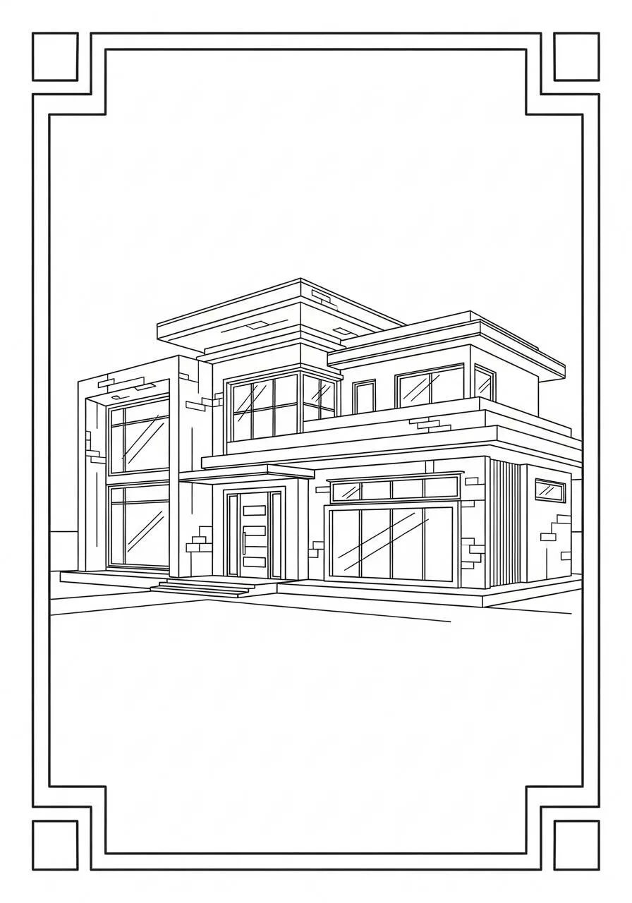 Dibujo para colorear de una casa moderna con grandes ventanales