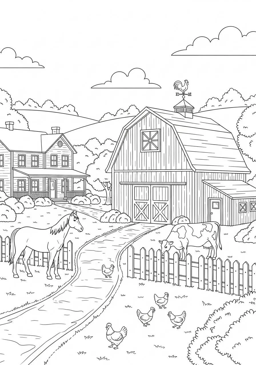 Dibujo para colorear de una casa de campo con animales.