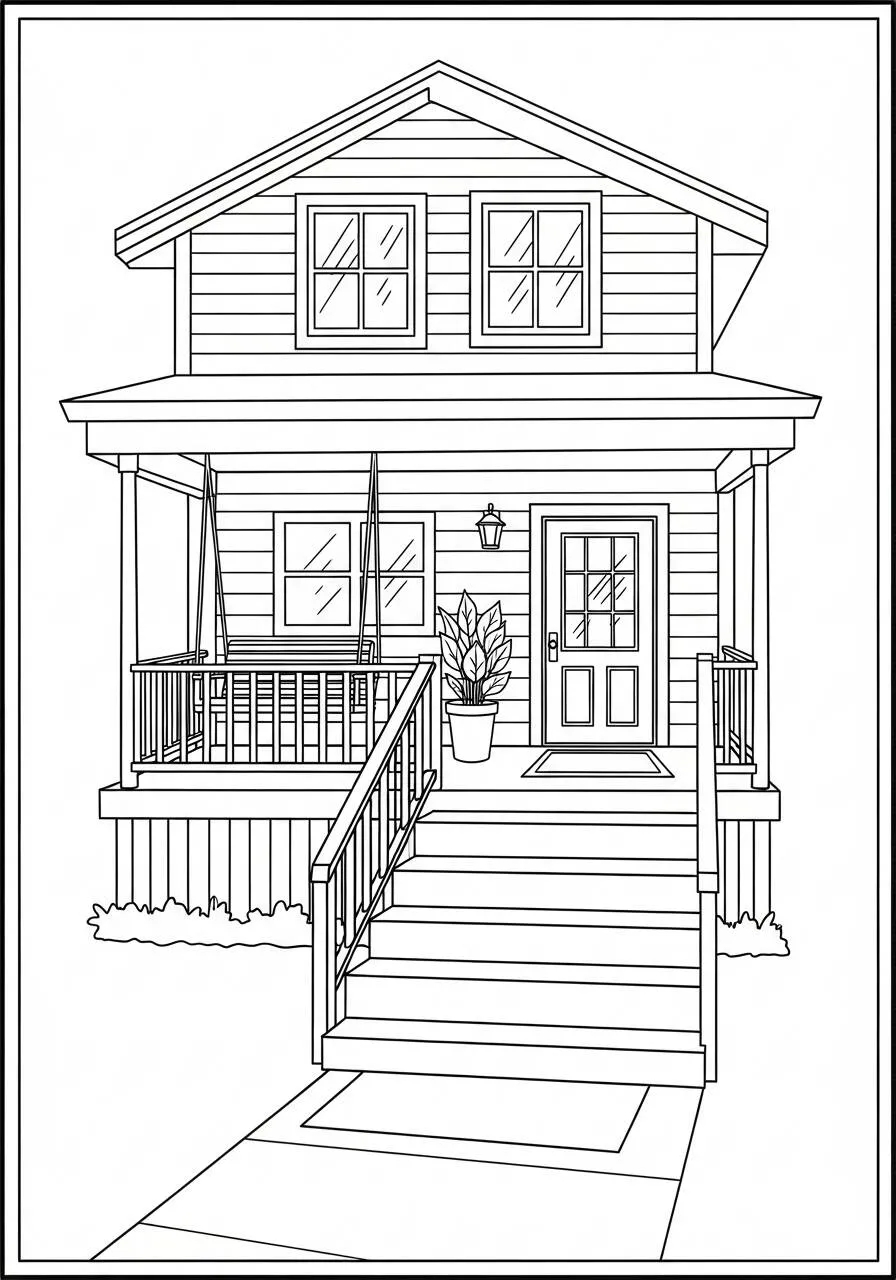 Dibujo de Hogar con balcón y escaleras para colorear