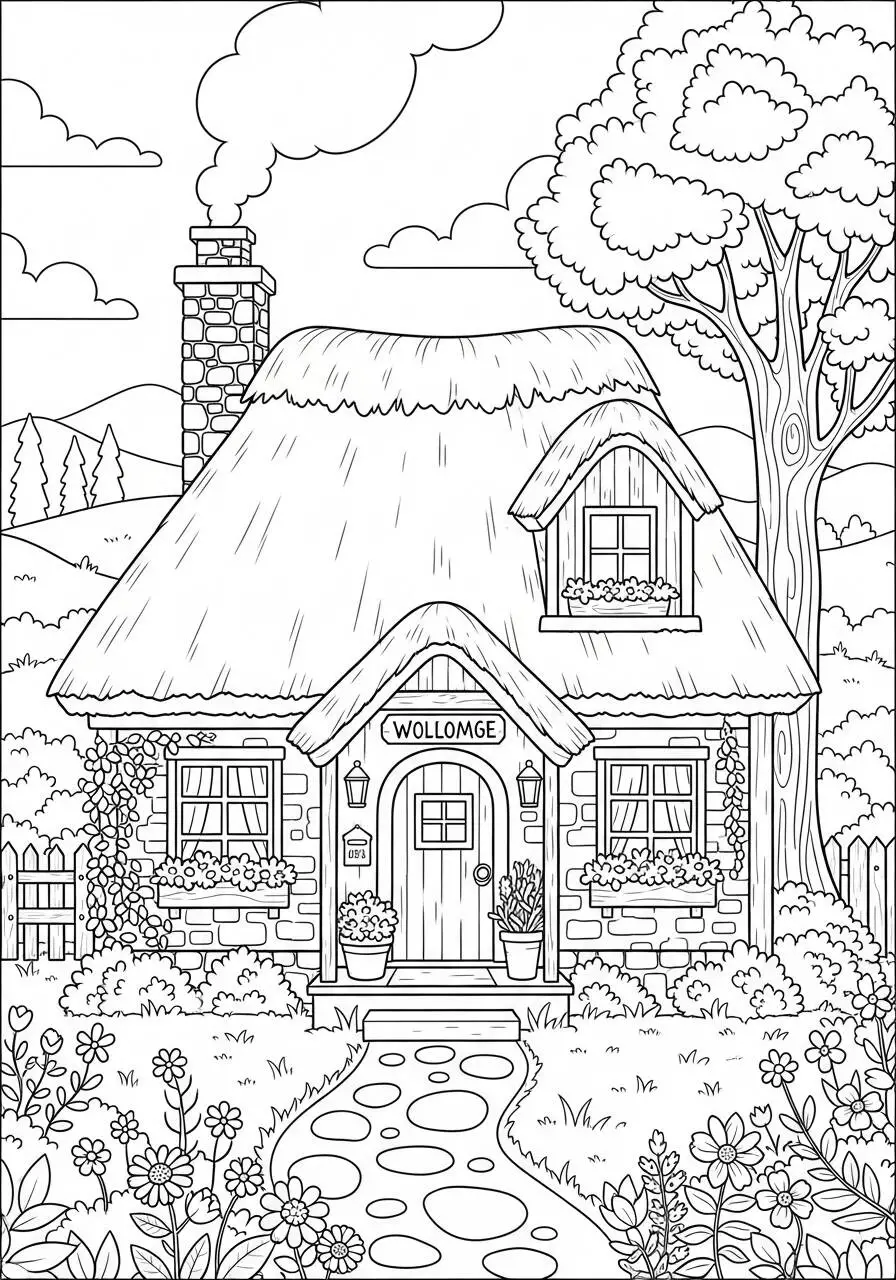 Desenho de Casa de Pedra com Telhado de Palha para Colorir