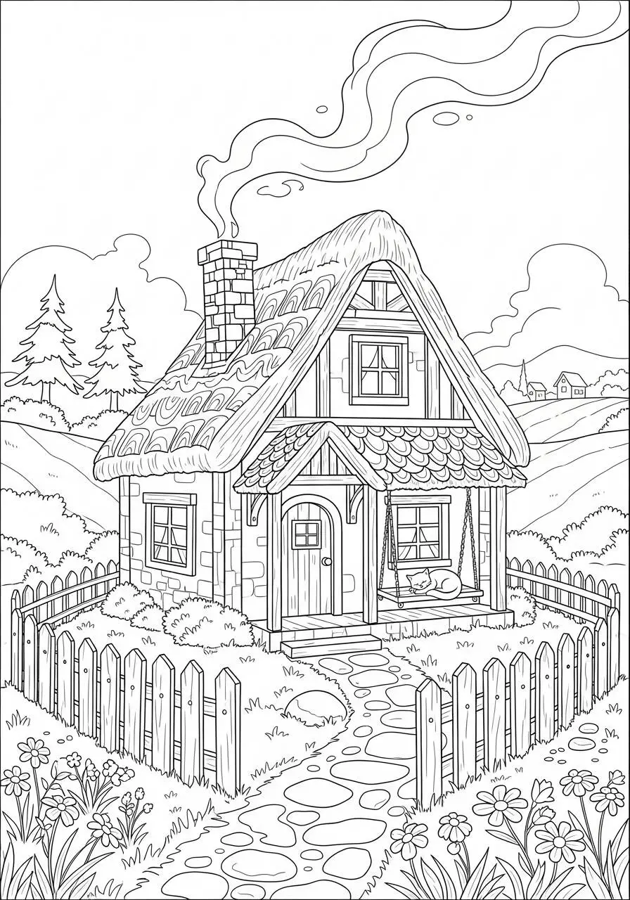 Desenho de Casa de Campo com Chaminé e Jardim para Colorir