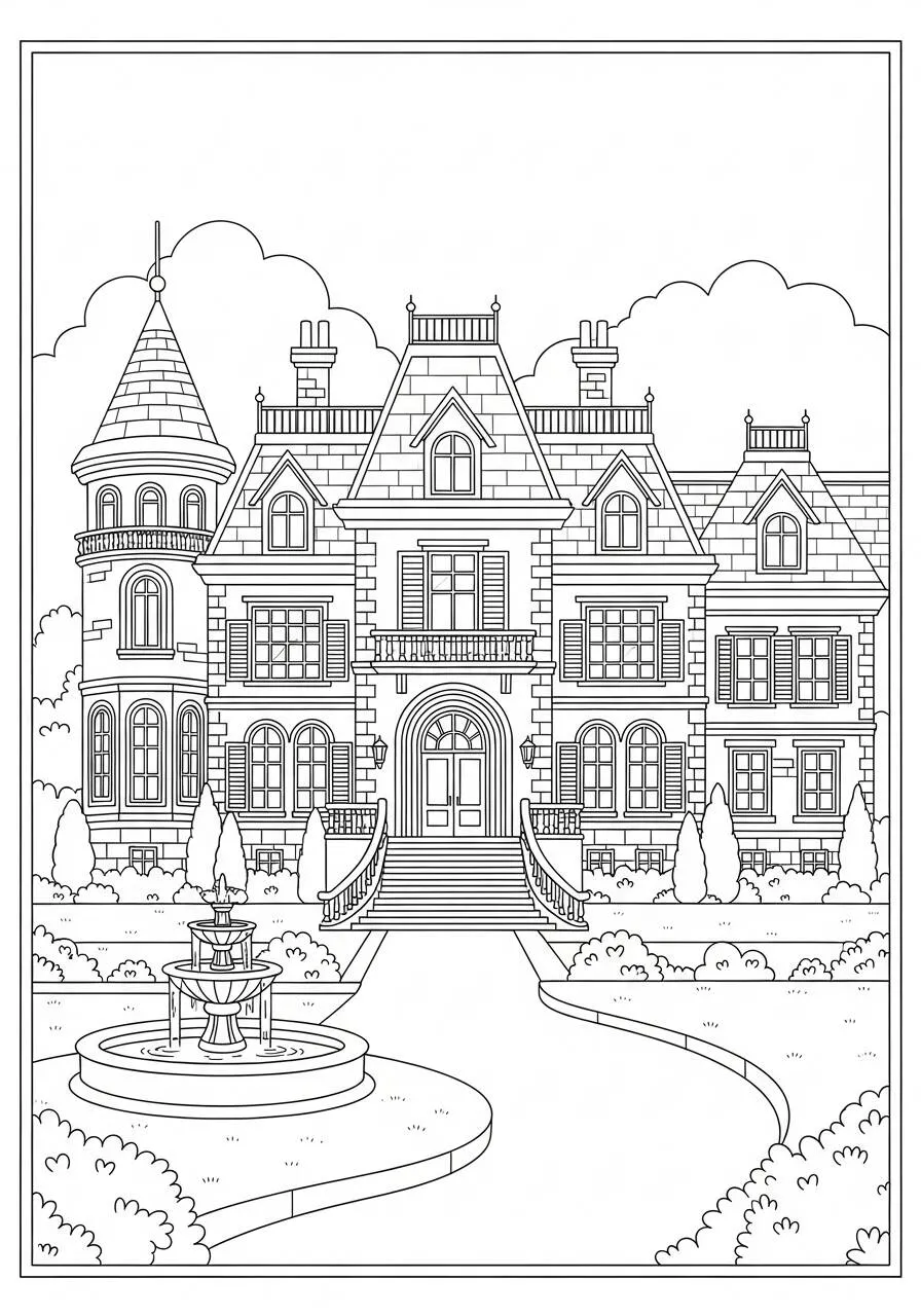 Desenho de Casa Grande com Fonte e Jardim para Colorir