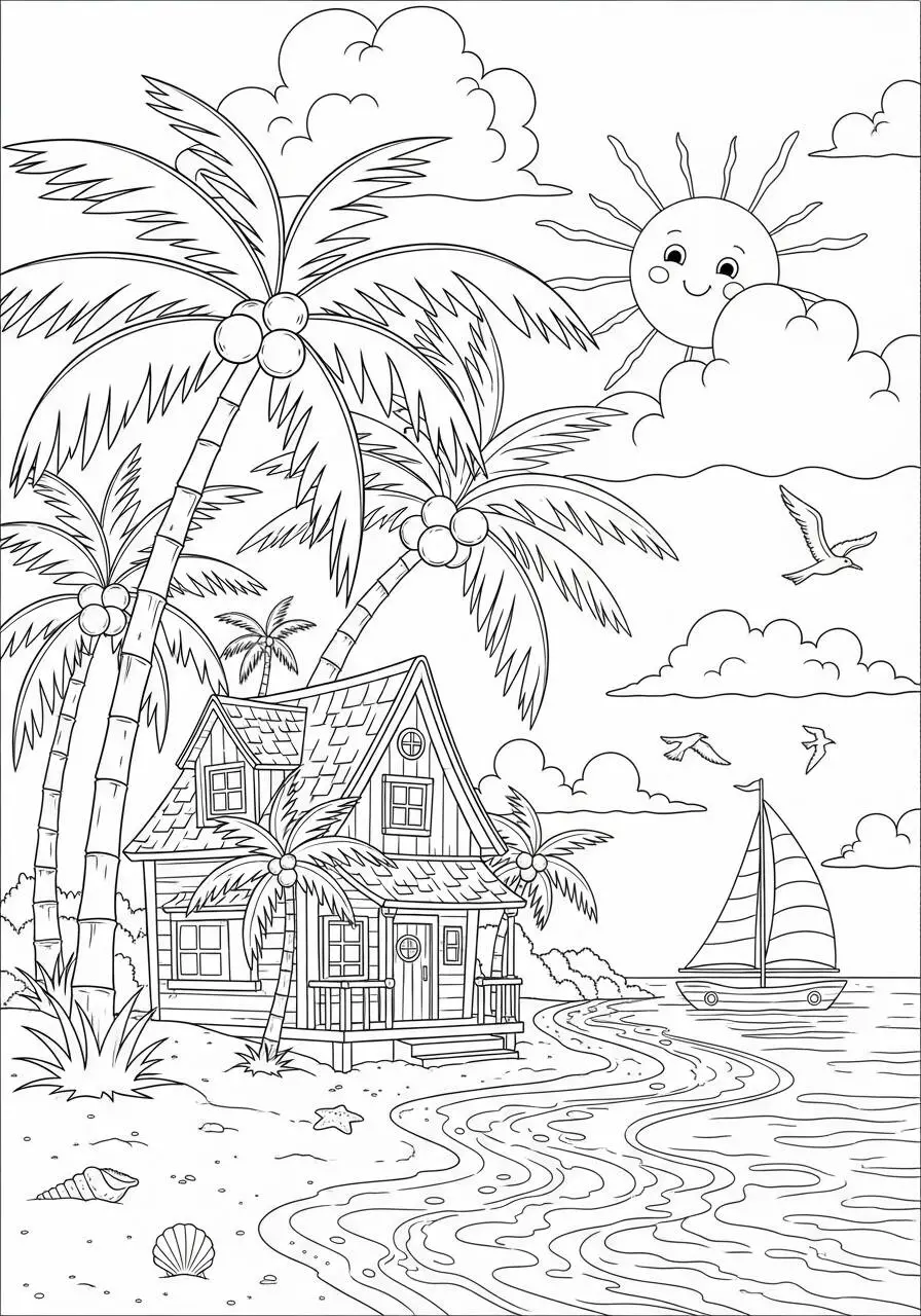 Desenho de Casa de Praia com Palavras e Barco para Colorir