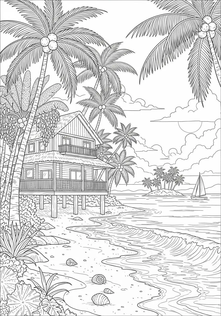 Desenho de Casa de Praia com Palmeiras e Mar para Colorir