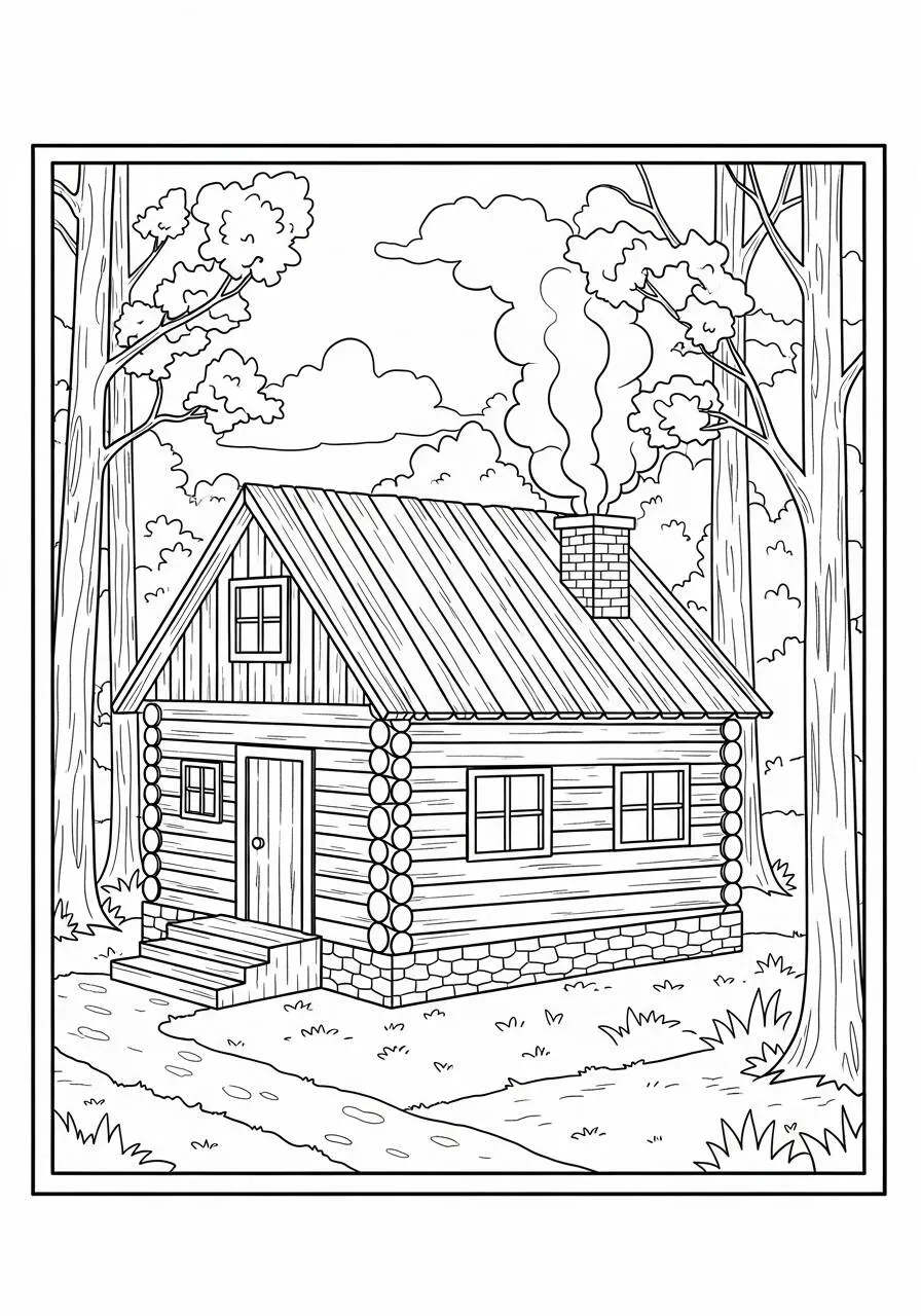Dibujo de Hogar de madera con chimenea y árboles para colorear