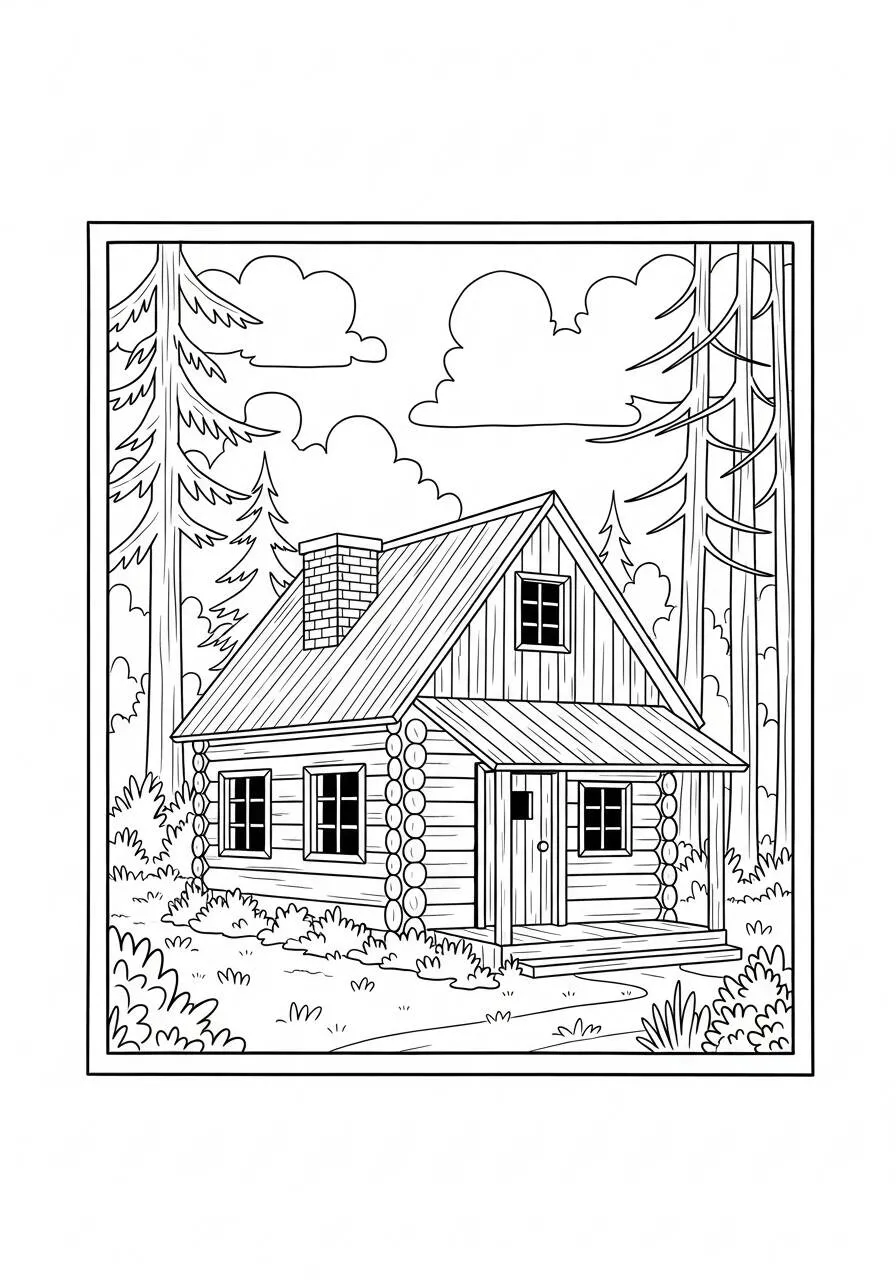 Dibujo para colorear de casa de madera con árboles