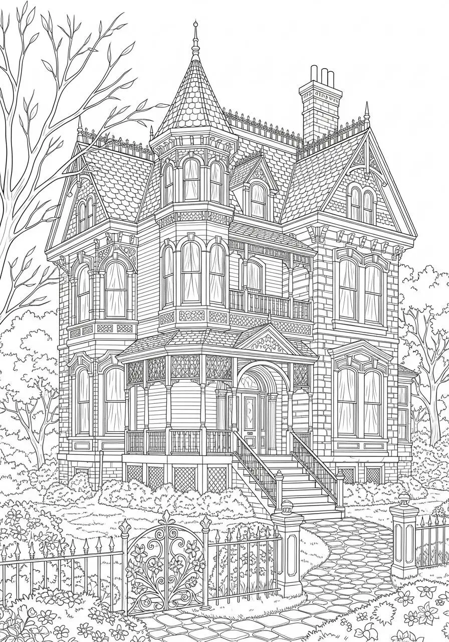 Dibujo para colorear de casa victoriana con jardín