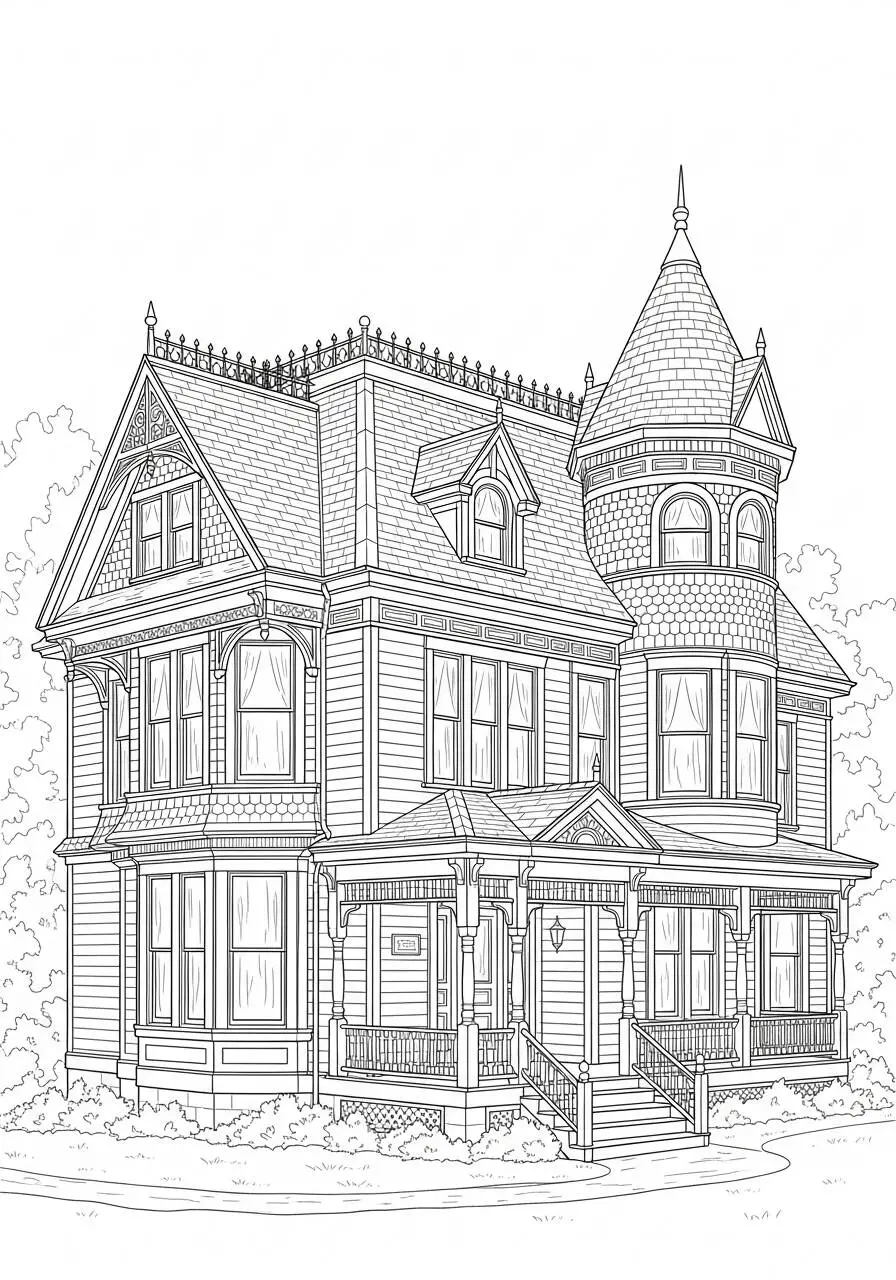 Página para colorear de casa victoriana con torre