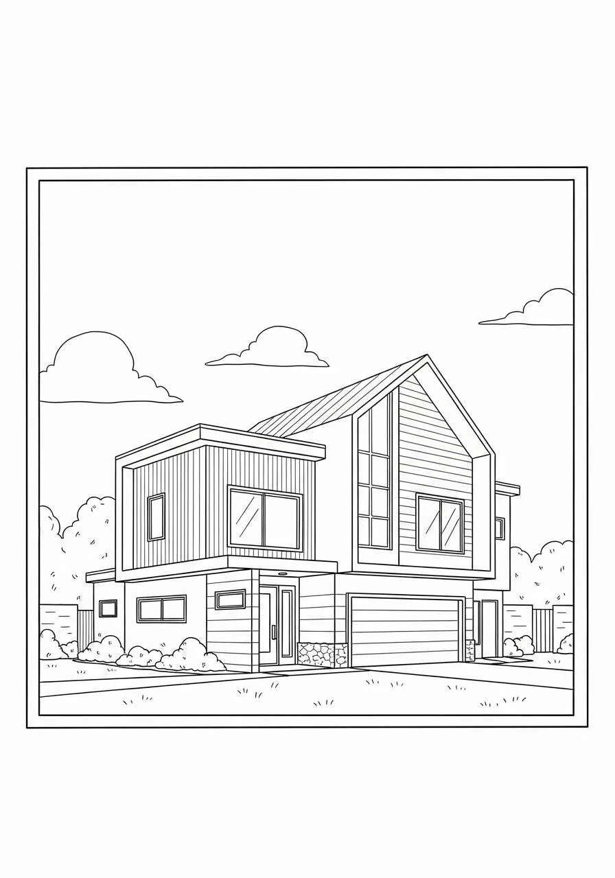 Dibujo para colorear de una casa moderna con grandes ventanales