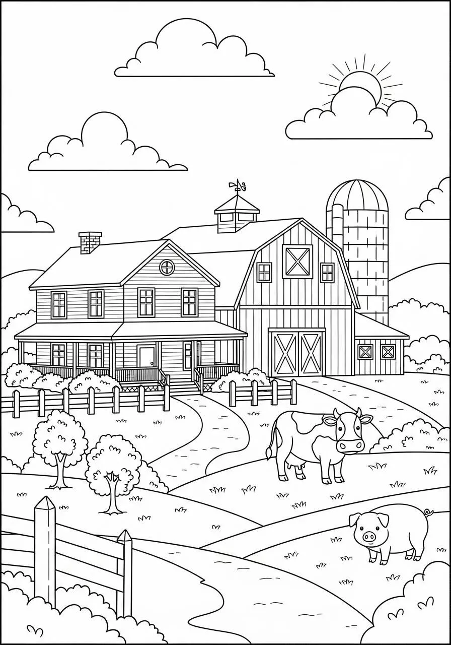 Página para colorear de casa de granja con animales y granero