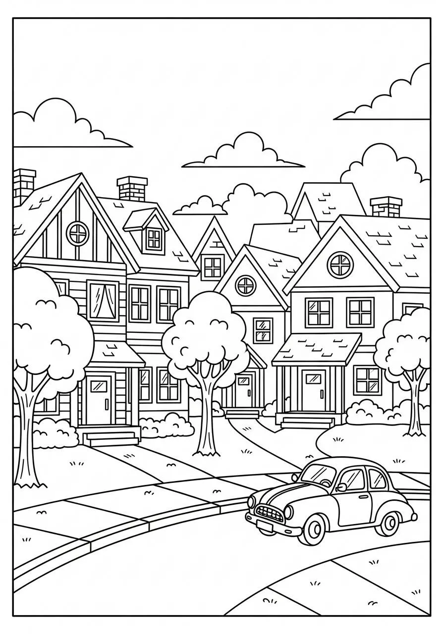 Página para colorear de casas en la calle con árboles y coches
