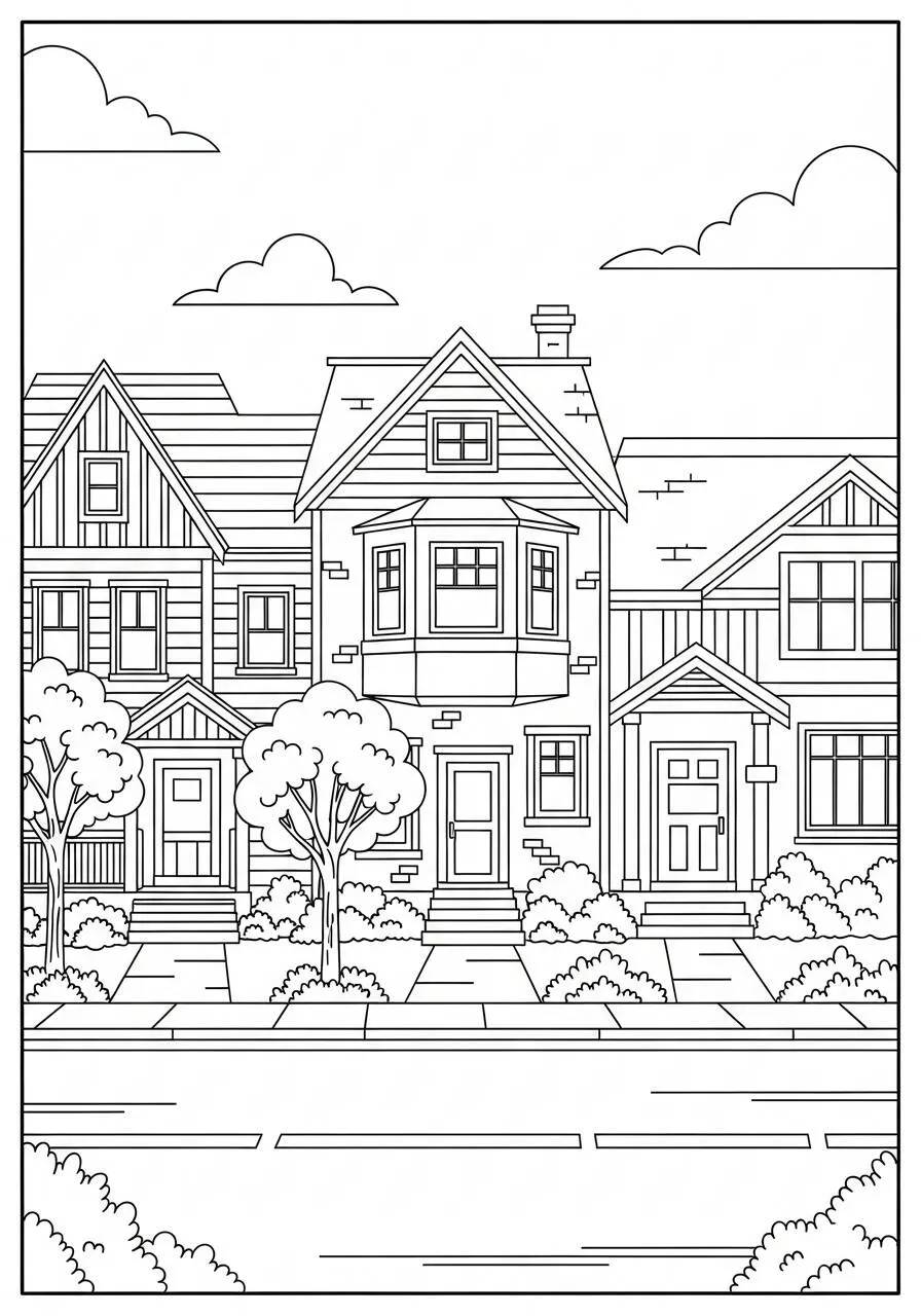 Dibujo para colorear de casa con árboles y camino