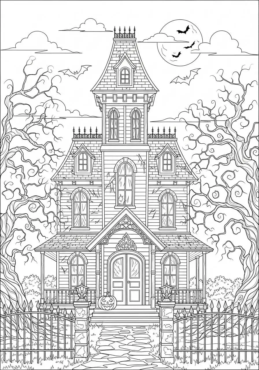Dibujo para colorear de casa encantada con árboles y luna