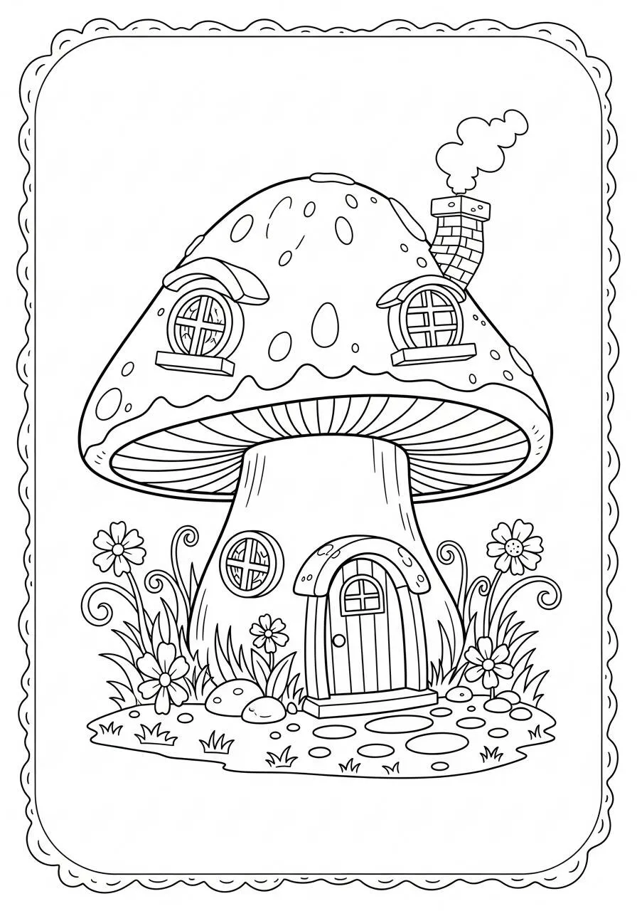 Casa dei funghi con giardino da colorare