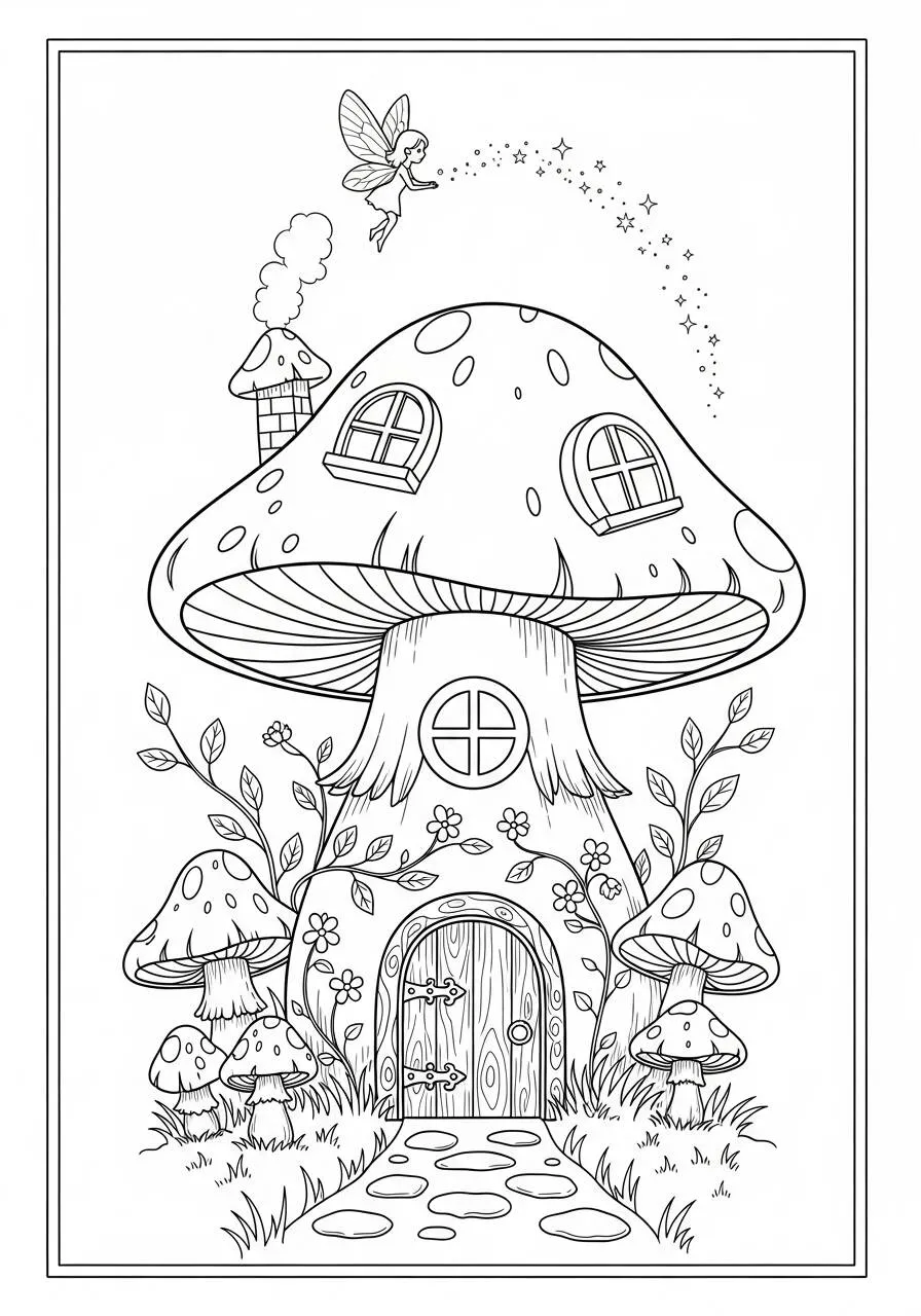 Casa dei funghi con fata da colorare