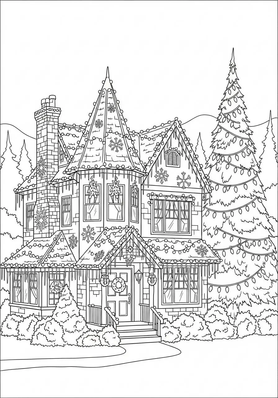 Hogar decorada para Navidad con árbol y luces para colorear