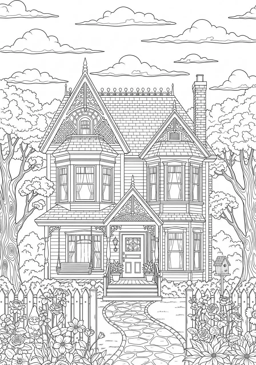Dibujo para colorear de casa victoriana con jardín y valla