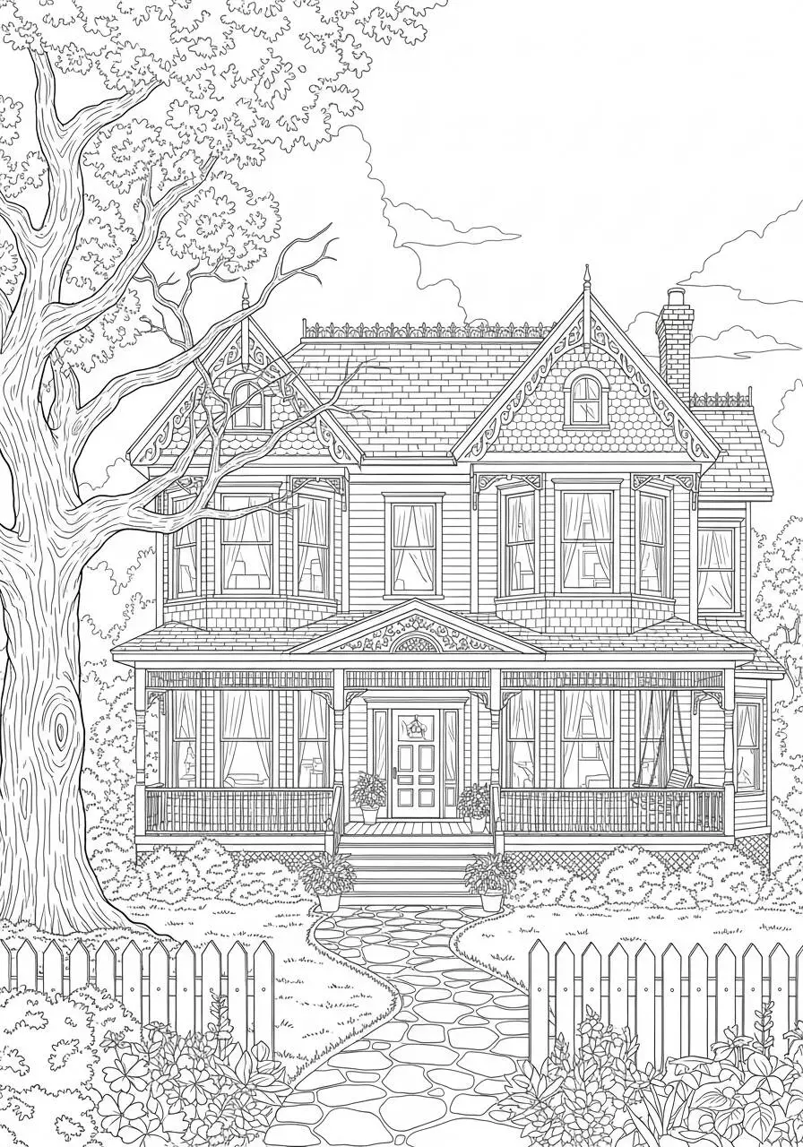Dibujo para colorear de casa victoriana con jardín y valla