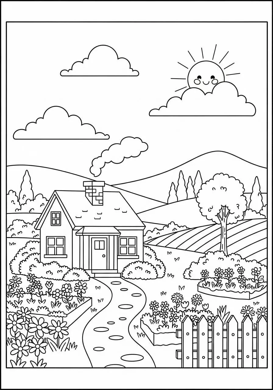 Dibujo para colorear de casa con jardín de flores y sol