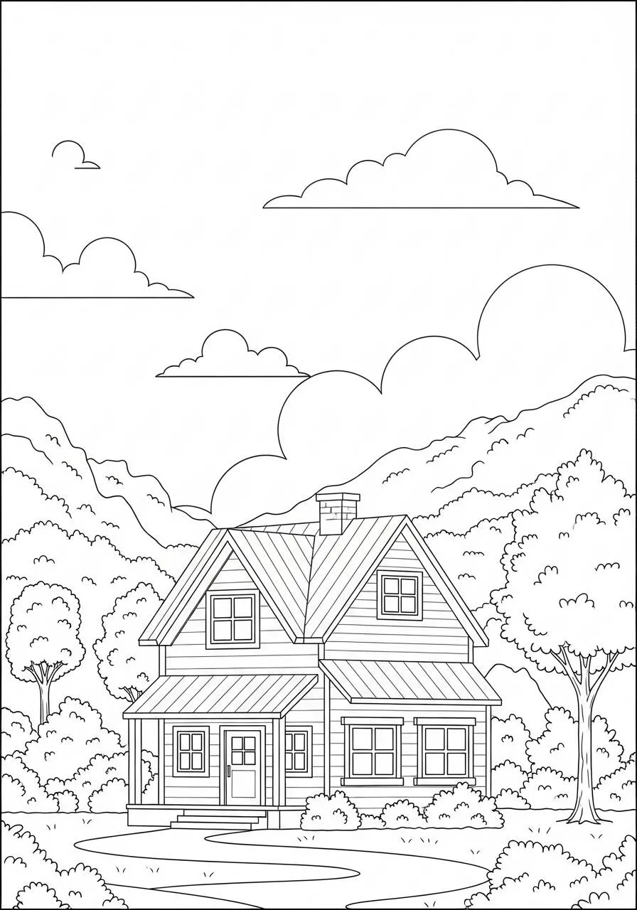 Dibujo para colorear de casa con montañas y nubes