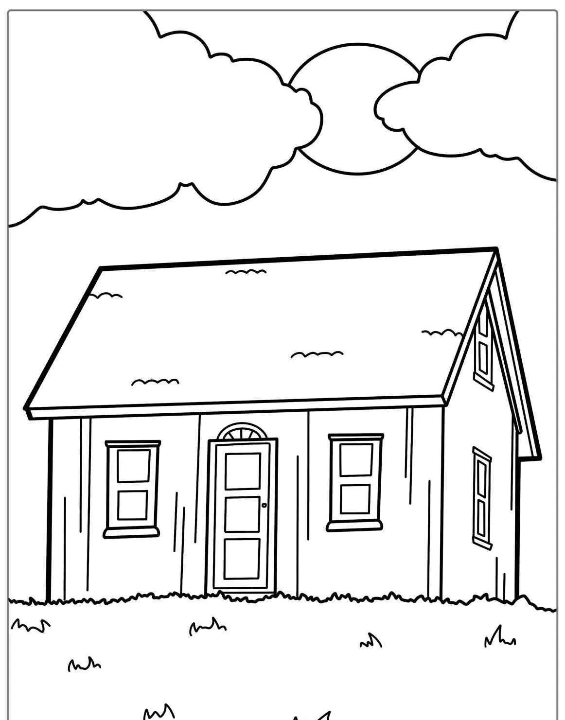 Desenho de Casa Simples com Céu e Nuvens para Colorir