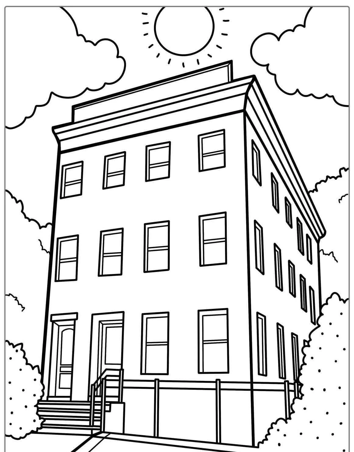 Desenho de Casa Moderna com Sol e Nuvens para Colorir