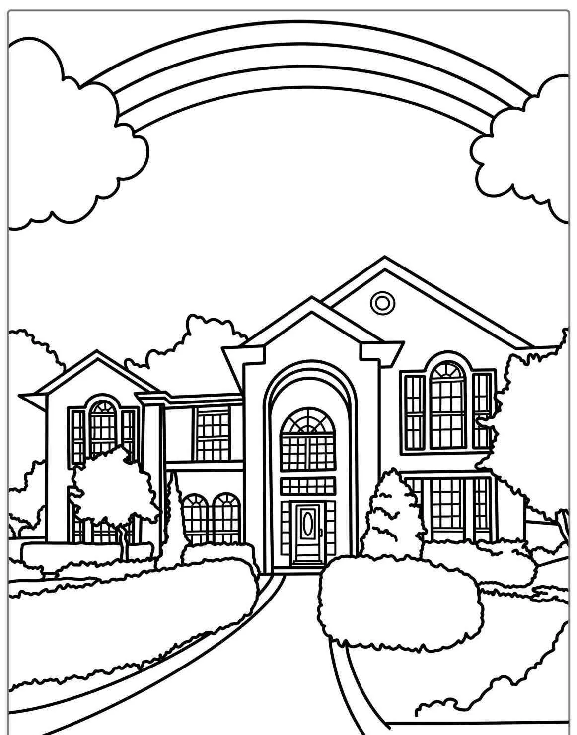 Desenho de Casa com Arco Íris e Nuvens para Colorir