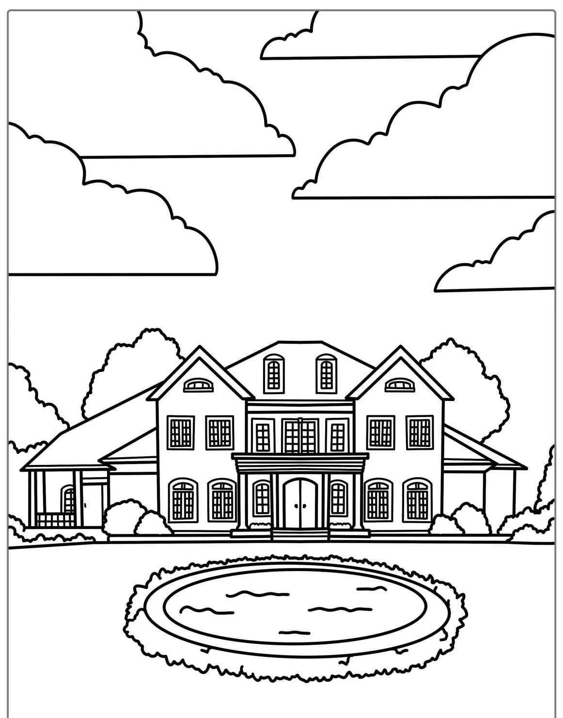 Desenho de Casa Grande com Lago e Céu Nublado para Colorir