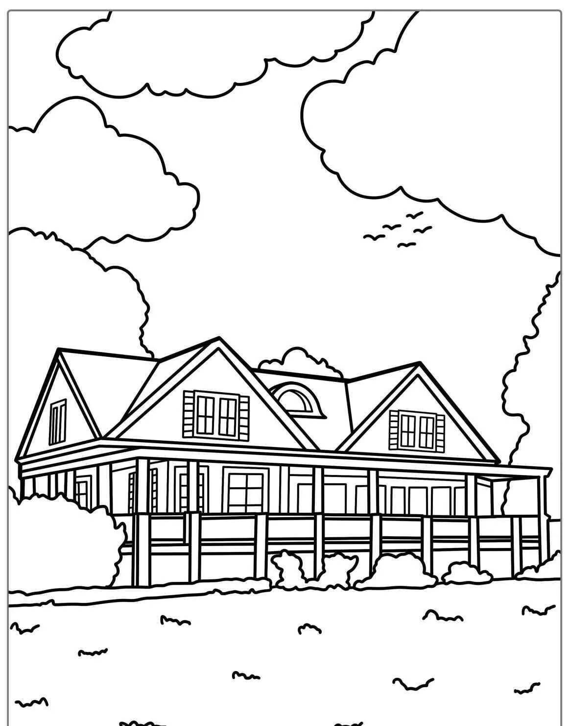 Desenho de Casa com Varanda e Nuvens para Colorir